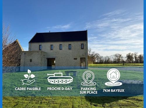 Le Pressoir, maison en pierres rénovée, au calme, grand jardin, vue dégagée sur les champs, belle terrasse, 3 chambres, 2 sdb, 2 WC, parking privé, 5 kms de Bayeux et 7 kms plage d'Arromanches au coeur des plages du débarquement